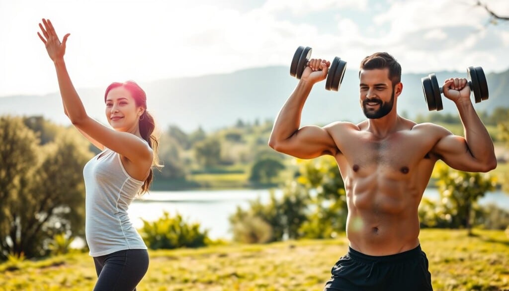 A vibrant, energetic scene showcasing the powerful connection between exercise and fertility. In the foreground, a woman gracefully performs yoga poses, her movements fluid and intentional. Radiant natural lighting illuminates her serene expression, highlighting the mental and physical harmony of her practice. In the middle ground, a man lifts weights with focused determination, his muscular physique a testament to the positive impact of exercise on male reproductive health. The background depicts an idyllic outdoor setting, lush greenery and a tranquil lake, symbolizing the holistic, nurturing environment conducive to optimal fertility. The overall atmosphere conveys the synergistic relationship between an active lifestyle and reproductive well-being.