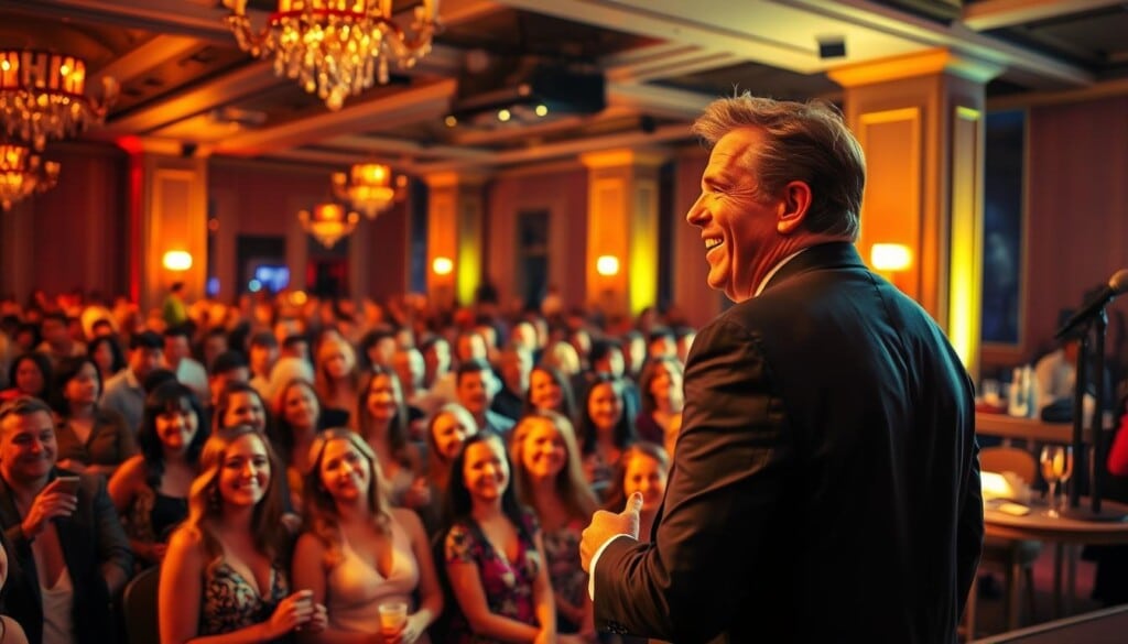 A vibrant event venue bathed in warm, golden lighting. In the foreground, a charismatic impersonator captivates the audience, their uncanny resemblance and mannerisms bringing the performance to life. In the middle ground, a sea of smiling faces, guests thoroughly enjoying the experience. In the background, a lively atmosphere with servers offering refreshments, creating a sense of energy and excitement. The entire scene conveys the benefits of hiring impersonators - the ability to transport guests into a unique, immersive experience that evokes nostalgia, awe, and pure entertainment.