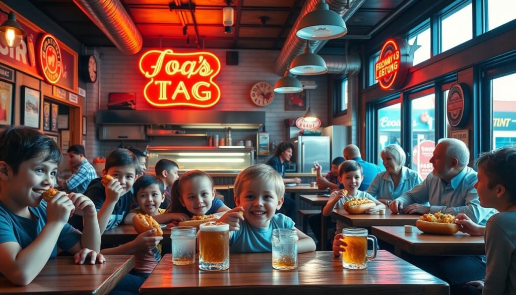 A vibrant family-friendly hot dog joint, with patrons of all ages gathered around casual wooden tables. The scene is bathed in warm, natural lighting filtering through large picture windows, creating a cozy and inviting atmosphere. In the foreground, a group of smiling children eagerly devour their hot dogs, while parents and grandparents look on, sipping from frosty mugs of refreshing drinks. The middle ground features a lively open kitchen, where skilled chefs expertly assemble an array of signature hot dog creations, adorned with an abundance of fresh toppings. The background showcases a vintage-inspired decor, complete with nostalgic neon signs, memorabilia, and a playful, retro-inspired ambiance that evokes the classic Americana charm of a beloved neighborhood hot dog haunt.