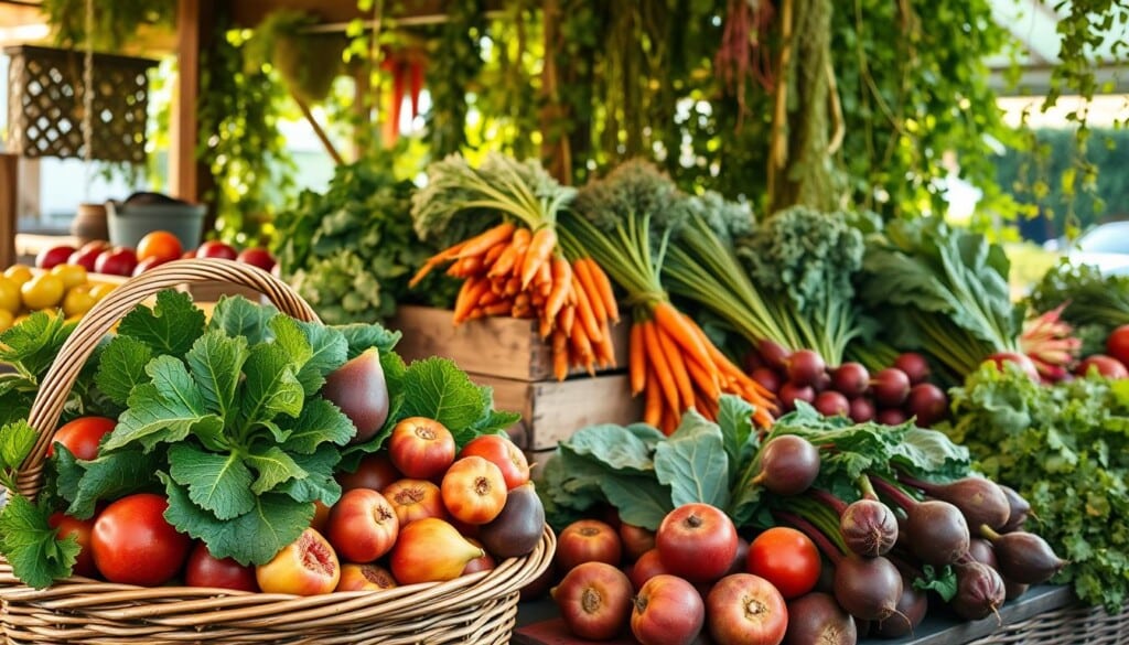 A vibrant farmers market display featuring a variety of seasonal vegan produce. In the foreground, a wicker basket overflows with colorful heirloom tomatoes, leafy kale, and clusters of ripe figs. In the middle ground, a rustic wooden crate holds bunches of freshly picked carrots, radishes, and beets, their earthy tones accentuated by warm, diffused sunlight. In the background, a backdrop of lush greenery, from verdant foliage to hanging vines, creates a serene, nature-inspired ambiance. The scene exudes a sense of freshness, abundance, and a celebration of locally sourced, plant-based ingredients.