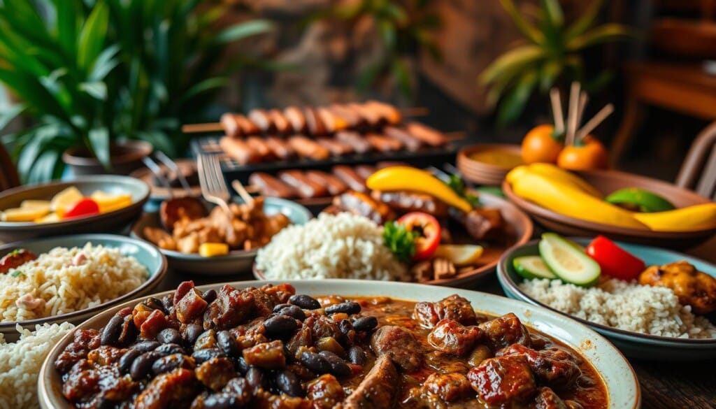 A vibrant feast of popular Brazilian dishes, captured in a warm, inviting setting. In the foreground, an array of colorful plates showcases the iconic feijoada - a hearty black bean stew with pork - alongside fragrant rice, crisp fried plantains, and refreshing tropical fruits. The middle ground features a sizzling churrasco grill, with skewers of juicy grilled meats and vegetables. In the background, lush greenery and a rustic wooden table set the scene, evoking the lively spirit of a traditional Brazilian churrascaria. Soft, diffused lighting casts a golden glow, creating an atmosphere of comfort and celebration.