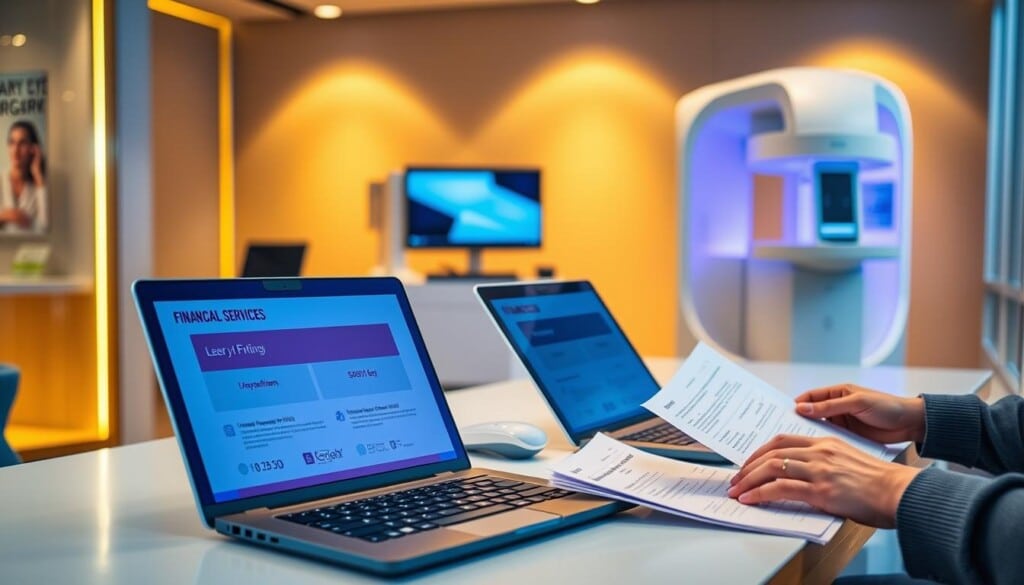 A vibrant financial services desk with sleek laptops, calculators, and documents showcasing various laser eye surgery financing options. Warm lighting illuminates the space, creating a professional yet approachable atmosphere. In the foreground, a person reviews paperwork, while in the background, a state-of-the-art laser eye surgery machine stands as a symbol of the advanced medical technology. The overall scene conveys the seamless integration of finance and healthcare, empowering individuals to achieve their vision correction goals.