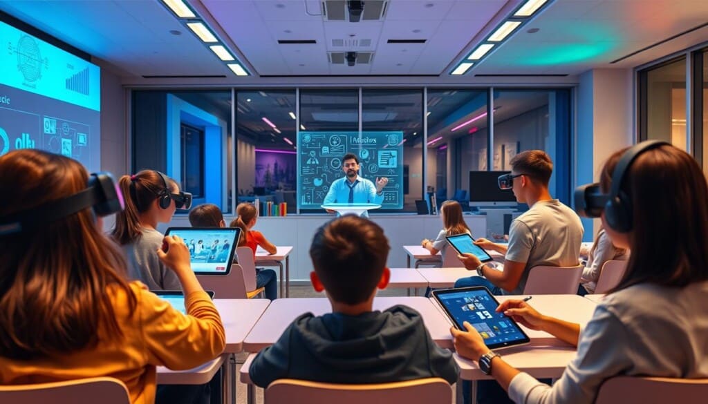 A vibrant, futuristic classroom scene highlighting the seamless integration of cutting-edge technology in modern education. The foreground features a diverse group of students interacting with interactive touchscreen displays, virtual reality headsets, and tablet devices, immersed in collaborative learning. The middle ground showcases a teacher guiding the class, utilizing a holographic presentation system and voice-controlled smart podium. The background reveals a panoramic view of the classroom, with large windows allowing natural light to flood the space, complemented by sleek, minimalist furniture and mood lighting. The overall atmosphere conveys a sense of innovation, engagement, and the transformative power of technology empowering the educational experience.