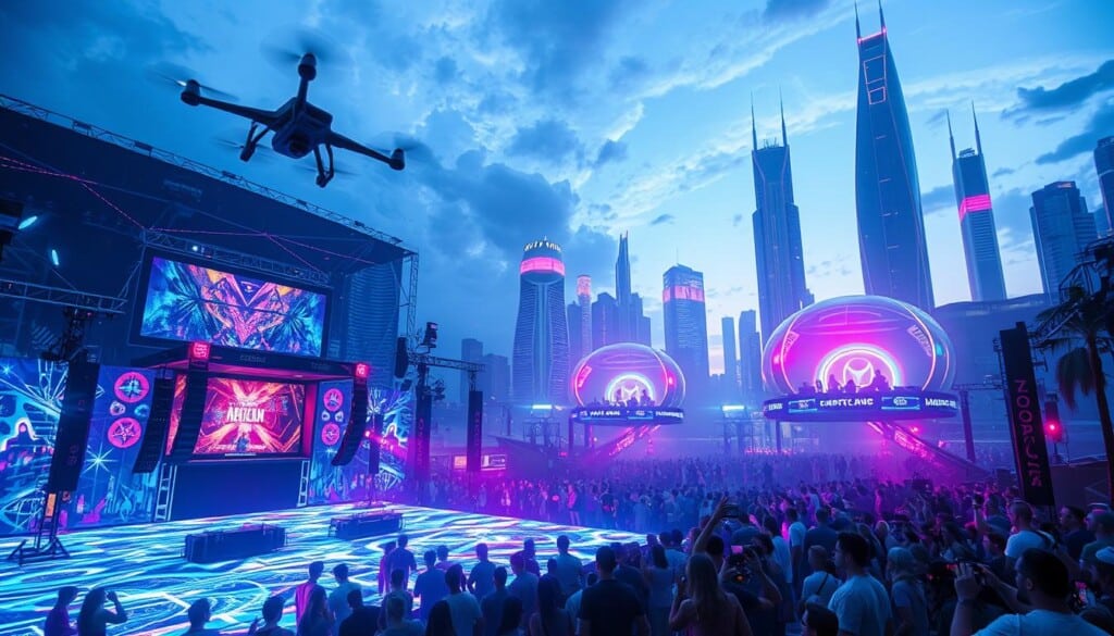 A vibrant, futuristic festival scene unfolds in a utopian cityscape. In the foreground, a holographic stage flickers with mesmerizing digital displays, as a throng of festival-goers sway to the pulsing beat of electronic music. Hovering drones capture the revelry from unique angles, while augmented reality installations blend seamlessly with the physical environment. In the middle ground, sleek, levitating transport pods ferry attendees between immersive event spaces, their interiors aglow with neon hues. The background features towering, architecture of the future - shimmering skyscrapers and gleaming, futuristic structures that seem to defy gravity. The overall atmosphere is one of boundless creativity, technological wonder, and a joyous celebration of the human spirit.