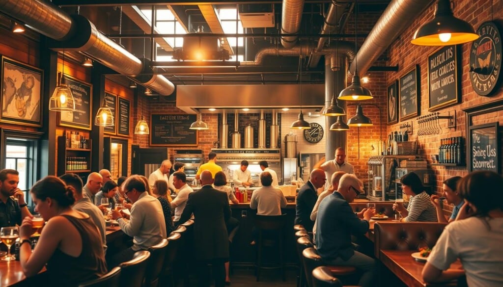 A vibrant gastropub nestled in the heart of a bustling American city, filled with the aroma of craft cocktails and locally-sourced, gourmet fare. Warm, cozy lighting casts a golden glow over the wooden bar and plush leather seating, creating an inviting atmosphere. In the foreground, patrons sip their drinks and savor artfully-presented dishes, engaged in lively conversation. The middle ground showcases the open kitchen, where chefs skillfully prepare innovative, elevated pub classics. The background frames the scene with a mix of exposed brick walls, chalkboard menus, and decorative brewing equipment, reflecting the gastropub's commitment to craft and authenticity. A sense of community, culinary passion, and casual elegance permeates the entire space.