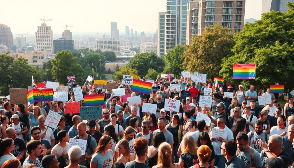 A vibrant gathering of diverse LGBTQ+ community groups, united in their mission to uplift and empower local outreach initiatives. In the foreground, a colorful tapestry of people from all walks of life, holding signs and banners that celebrate inclusivity and solidarity. The middle ground showcases a range of community organizations, each with their own unique identities and approaches to grassroots advocacy. In the background, a cityscape of modern buildings and lush greenery, conveying a sense of urban vitality and progressive spirit. Soft, diffused lighting casts a warm glow over the scene, creating an atmosphere of hope, camaraderie, and a shared commitment to creating positive change.