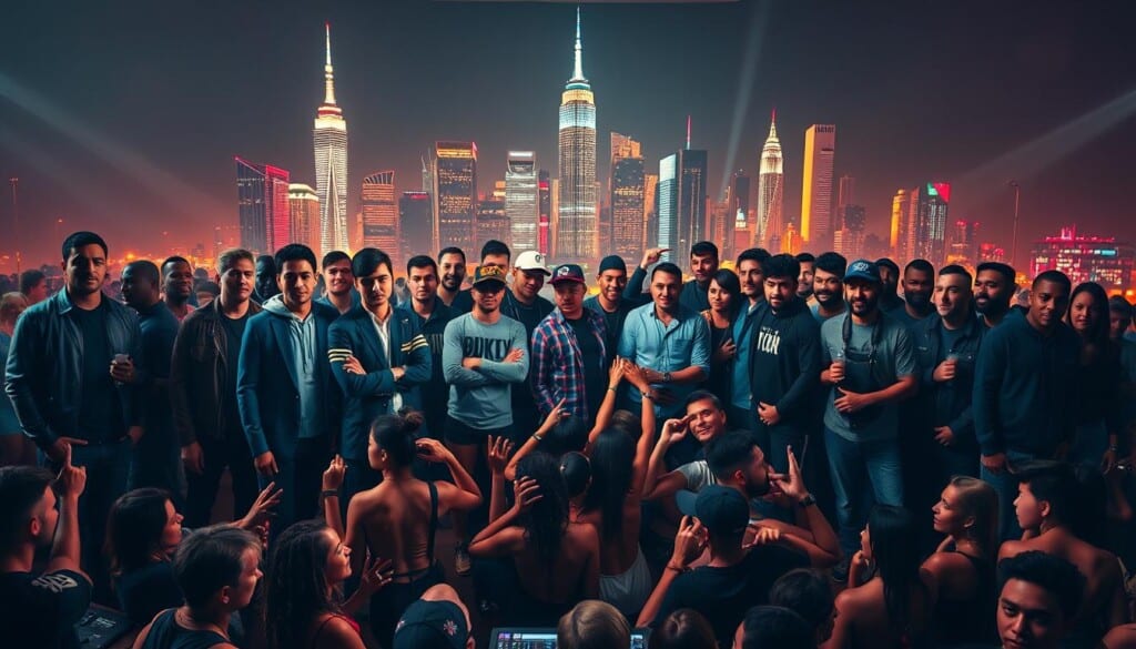 A vibrant group portrait featuring top DJs from major US cities, captured in a dynamic, music-fueled setting. In the foreground, a diverse array of talented DJs stand tall, each with their own signature style and flair - from the sleek, modern look of a Los Angeles club DJ to the edgy, urban vibe of a New York City turntablist. In the middle ground, a bustling crowd of partygoers dance and sway to the infectious beats. The background showcases the iconic skylines of these metropolitan hubs, bathed in a warm, neon-tinged glow that amplifies the energetic atmosphere. Dramatic lighting, sharp angles, and a cinematic composition come together to create a visually stunning celebration of the country's most sought-after DJs.
