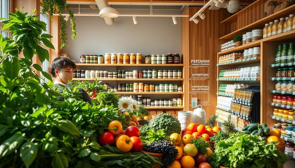 A vibrant health food store display, bathed in warm, natural lighting. In the foreground, an array of vibrant, organic produce - leafy greens, colorful fruits, and fresh herbs. In the middle ground, shelves stocked with a variety of health-conscious pantry items, from whole grains and nut butters to herbal supplements and superfood powders. In the background, a clean, minimalist aesthetic with wooden accents and a calming, earthy atmosphere, inviting customers to explore the bounty of natural wellness products. The scene conveys a sense of vitality, nourishment, and a commitment to holistic health.