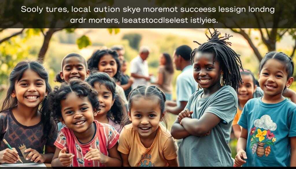 A vibrant, heartwarming scene depicting the positive impact of local charities on their communities. In the foreground, a group of diverse children and teenagers engaged in various activities - creating art, playing sports, and volunteering. Their faces express joy, empowerment, and a sense of belonging. In the middle ground, community members of all ages interact, exemplifying the inclusive and collaborative nature of the charities' programs. The background features a warm, sun-dappled landscape with lush greenery, suggesting an outdoor setting that fosters connection and well-being. Soft, diffused lighting creates a gentle, uplifting atmosphere, capturing the transformative power of these local success stories.