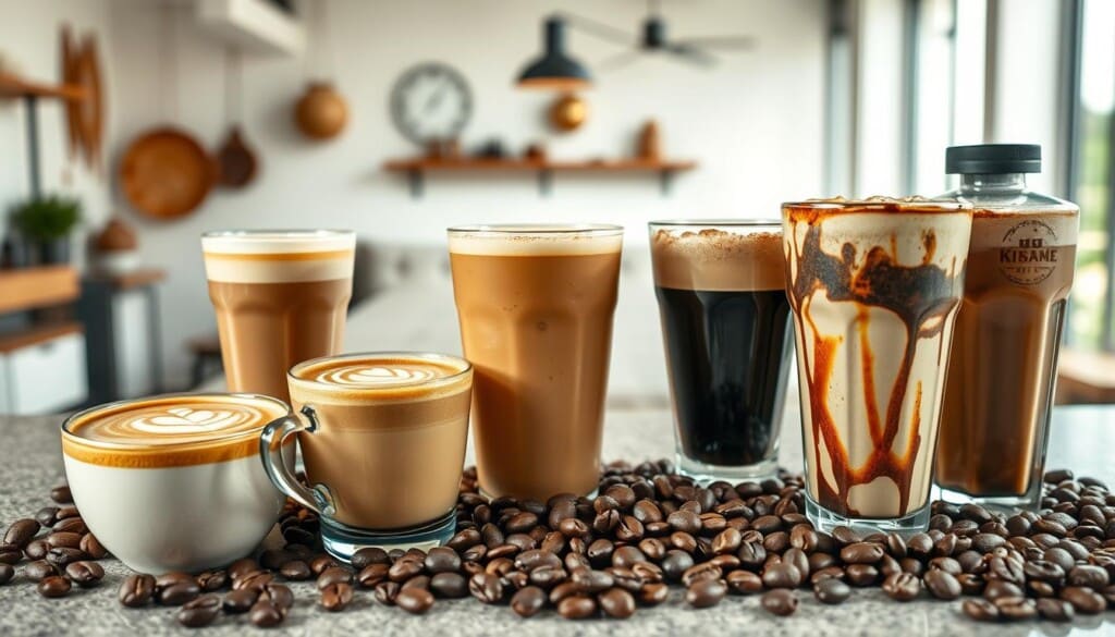 A vibrant, high-quality image of an assortment of must-try coffee drinks, showcased against a stylish, minimalist background. In the foreground, an arrangement of diverse coffee beverages, including a rich, frothy cappuccino, a smooth latte with intricate latte art, a bold, flavorful cold brew, and a creamy, indulgent mocha. The middle ground features beautifully roasted coffee beans, freshly ground and ready to be brewed. In the background, a clean, light-filled space with hints of rustic, industrial elements, creating a comfortable, inviting atmosphere. The lighting is soft and natural, highlighting the textures and colors of the coffee drinks. Captured with a crisp, high-resolution lens, the image conveys the artistry and passion of specialty coffee culture.