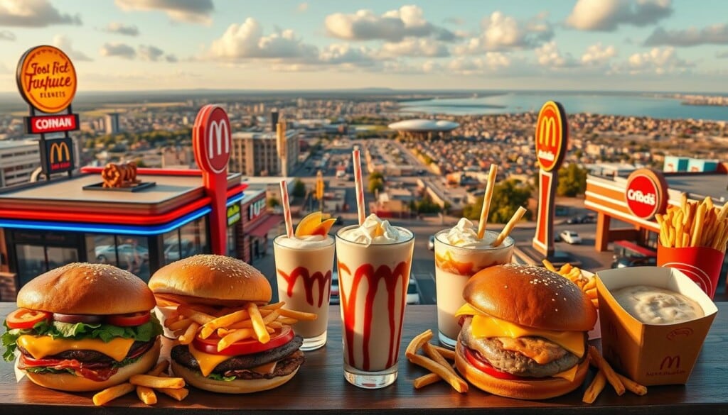 A vibrant, high-resolution image depicting the diverse regional favorites from fast food chains across the United States. In the foreground, an array of classic burgers, fries, and milkshakes from popular franchises, each with a distinct regional twist, such as a Southwestern-style burger or a New England-inspired clam chowder. The middle ground showcases the iconic architecture and branding of these establishments, with neon signs, retro-inspired decor, and bustling drive-thru lanes. In the background, a panoramic view of cityscapes, rural landscapes, and coastal scenes, reflecting the geographic diversity of the country. The lighting is warm and inviting, creating a nostalgic and mouthwatering atmosphere. Captured through a wide-angle lens, the image conveys the ubiquity and cultural significance of these regional fast food favorites.