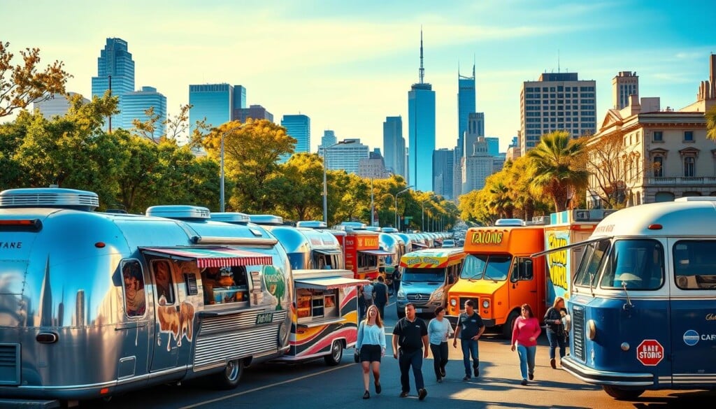 A vibrant, high-resolution image of a row of diverse food trucks parked on a bustling city street. In the foreground, a variety of colorful food truck designs, from sleek modern airstreams to vintage-inspired vehicles, each showcasing its unique cuisine and branding. The middle ground features pedestrians admiring the trucks, creating a lively atmosphere. In the background, a blend of skyscrapers, trees, and a clear blue sky set the urban scene. The lighting is warm and inviting, casting a golden glow over the entire composition. The image captures the energy, diversity, and mouthwatering appeal of the featured food truck types.