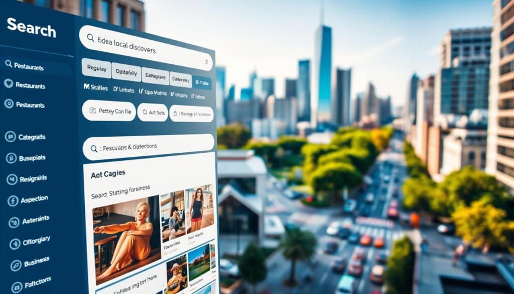 A vibrant, high-resolution image showcasing search listings for local discoveries. The foreground features a modern-looking search engine interface with customizable filters, highlighting popular categories like restaurants, shops, and attractions. The middle ground depicts a grid of thumbnail images and brief descriptors for various nearby businesses and points of interest. In the background, a blurred cityscape provides a sense of place, with skyscrapers, parks, and bustling streets. The lighting is warm and inviting, creating a welcoming atmosphere. The overall composition conveys the ease and excitement of discovering local gems through a digital platform.