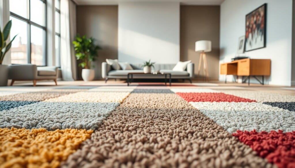 A vibrant, high-resolution image showcasing the latest carpet trends and innovations. In the foreground, an assortment of plush, textured carpets in various hues and patterns, each showcasing the latest advancements in fiber technology, color palettes, and design. In the middle ground, a well-lit, modern interior setting with sleek furnishings and natural lighting, highlighting how these new carpets seamlessly integrate into contemporary living spaces. In the background, a softly blurred, minimalist wall backdrop, allowing the carpets to take center stage. The overall scene conveys a sense of sophistication, comfort, and the dynamic evolution of the carpeting industry.