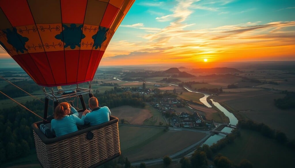 A vibrant hot air balloon adventure in the golden hour, soaring gracefully over a picturesque rural landscape. In the foreground, a majestic, brightly-colored balloon with intricate patterns, its envelope billowing in the gentle breeze. Passengers lean over the wicker basket, gazing in awe at the rolling hills, lush forests, and winding rivers below. The middle ground features a quaint village nestled among the rolling hills, its charming buildings and windmills adding to the serene, pastoral ambiance. In the background, a stunning sunset paints the sky in warm, fiery hues, creating a breathtaking backdrop for this aerial odyssey. Dramatic, soft lighting bathes the scene, heightening the sense of wonder and tranquility.