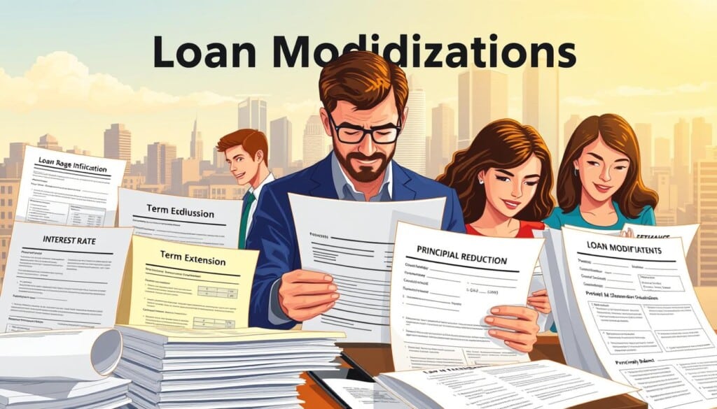 A vibrant illustration depicting various types of loan modifications. In the foreground, a diverse array of financial documents and forms, each representing a different loan modification option - mortgage refinancing, interest rate reduction, term extension, principal balance reduction. The middle ground showcases individuals reviewing these documents, expressions of determination and contemplation on their faces. The background features a cityscape, skyscrapers and office buildings hinting at the broader financial landscape. The scene is bathed in warm, golden lighting, conveying a sense of optimism and opportunity. The overall composition is clean, organized, and visually engaging, drawing the viewer's attention to the core subject matter.
