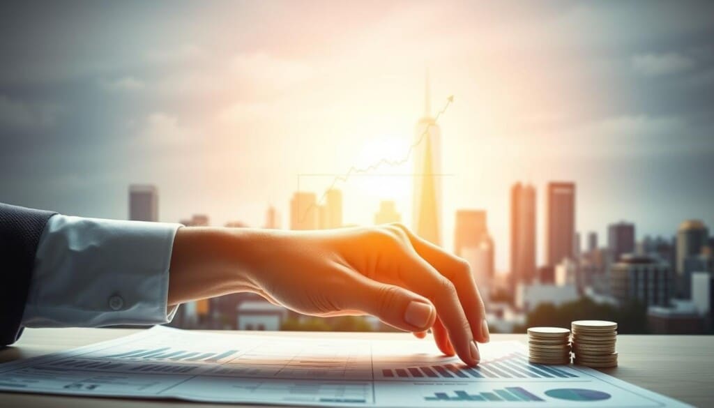A vibrant illustration of "Dollar-cost averaging strategies" for growing your portfolio. In the foreground, a hand skillfully manipulates financial charts and graphs, showcasing the principles of this methodical investment approach. The middle ground features a cityscape backdrop, symbolizing the financial markets. Soft, warm lighting bathes the scene, creating a sense of thoughtful contemplation. The composition is balanced, with attention to detail and a polished, professional aesthetic. The image conveys a mood of strategic planning, prudent decision-making, and the steady accumulation of wealth over time.