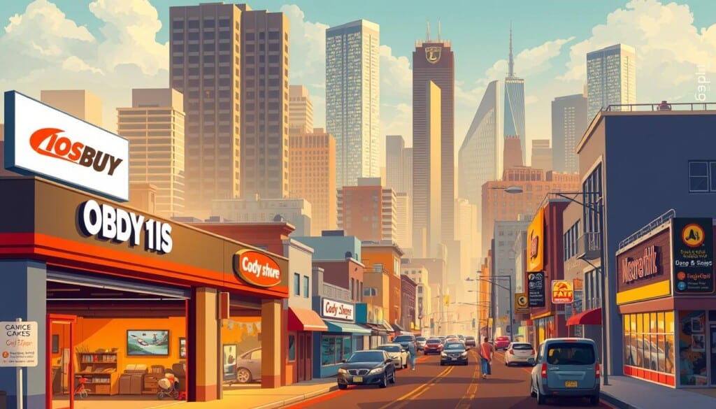 A vibrant illustration of a bustling city street, showcasing a diverse array of local body shops. In the foreground, a well-lit auto repair garage, its signage and logo prominently displayed, inviting passersby to discover its services. In the middle ground, various other body shops line the street, their facades reflecting the unique character of the neighborhood. The background is a dynamic cityscape, with towering skyscrapers, bustling traffic, and pedestrians going about their day, creating a sense of energy and community. The scene is bathed in warm, golden light, evoking a welcoming and accessible atmosphere, encouraging the viewer to explore and find the perfect local body shop for their needs.