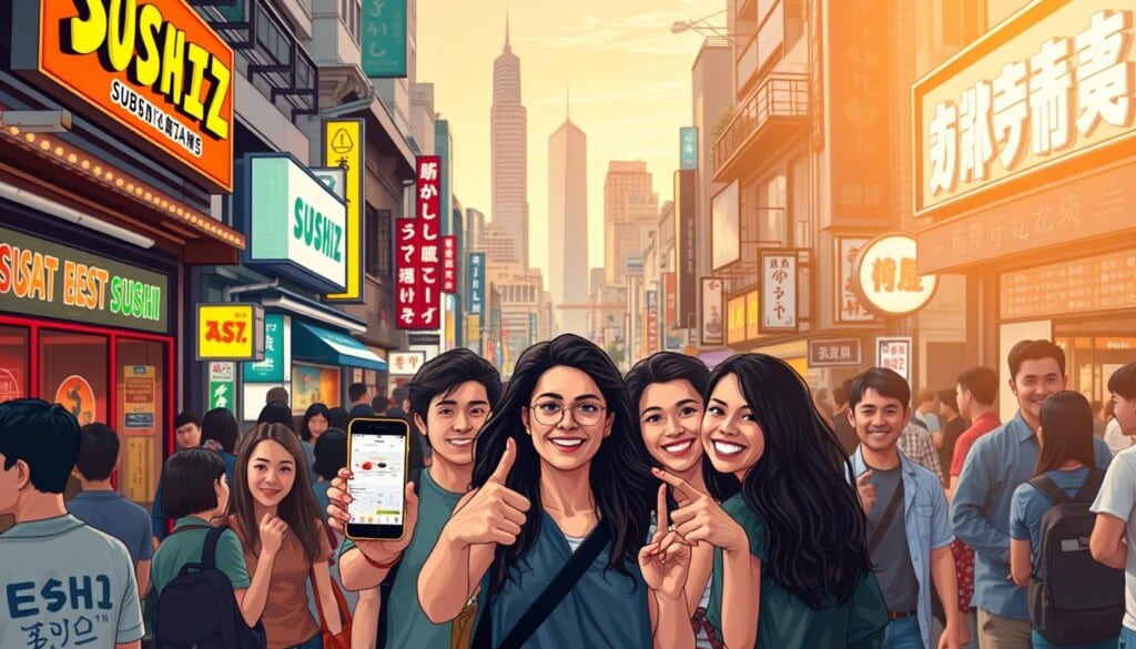 A vibrant illustration of the "LocalZ" benefits, showcasing a bustling city street with sushi restaurants, neon signs, and lively crowds. In the foreground, a group of young, diverse individuals enthusiastically point to their mobile devices, highlighting the app's ability to connect them with the best local sushi spots. The middle ground features the city's skyline, with a mix of modern and traditional architecture, creating a sense of energy and community. The background is bathed in a warm, golden light, evoking a sense of comfort and connection. Crisp, high-resolution photography, with a shallow depth of field and a slight wide-angle lens, immerses the viewer in the scene.