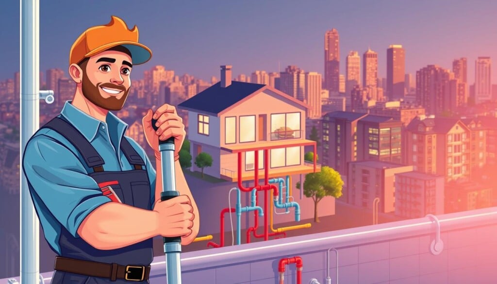 A vibrant illustration showcasing the benefits of LocalZ for plumbing needs. In the foreground, a modern, well-equipped plumber confidently handles a pipe, symbolizing the reliable and efficient services provided. In the middle ground, a residential home stands, its plumbing system represented by intricate, color-coded pipework. The background depicts a bustling cityscape, hinting at the widespread availability of LocalZ's expert plumbing solutions across the US. The lighting is warm and inviting, creating a sense of professionalism and trustworthiness. The overall composition conveys the convenience, accessibility, and expertise that LocalZ offers for homeowners' plumbing requirements.