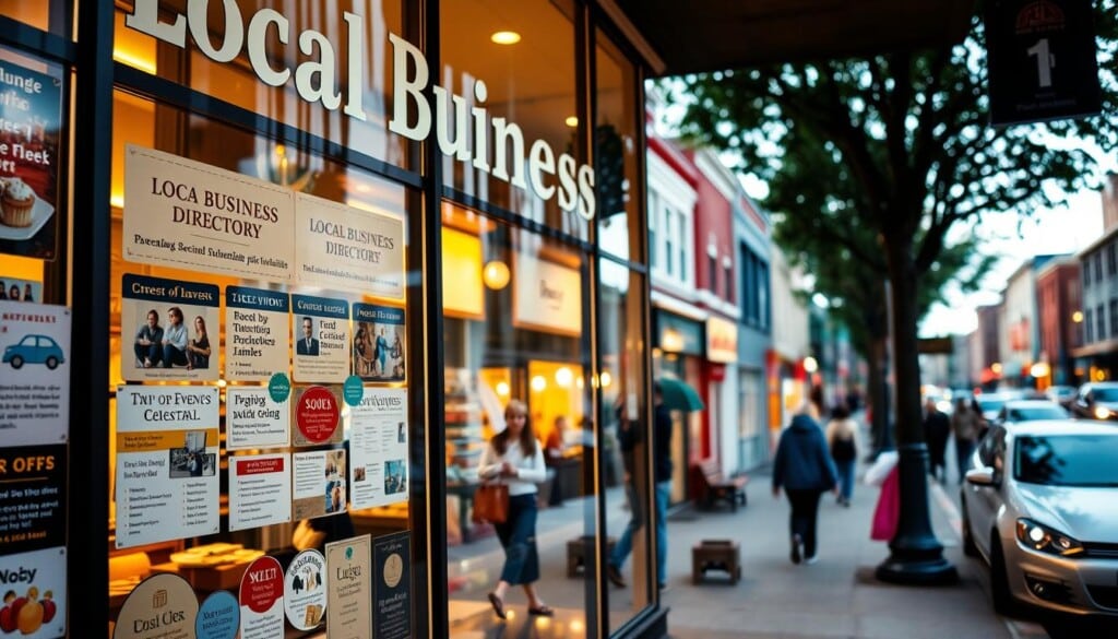 A vibrant local business directory displayed on a warm-lit storefront window, showcasing diverse establishments with inviting imagery and minimal text. In the foreground, colorful window decals and signage catch the eye, leading the viewer into a middle ground of quaint storefronts, each with a unique façade and character. The background features a bustling urban streetscape, with pedestrians and cars adding a lively energy to the scene. The overall mood is one of community engagement, encouraging passersby to explore and invest in the local businesses featured.