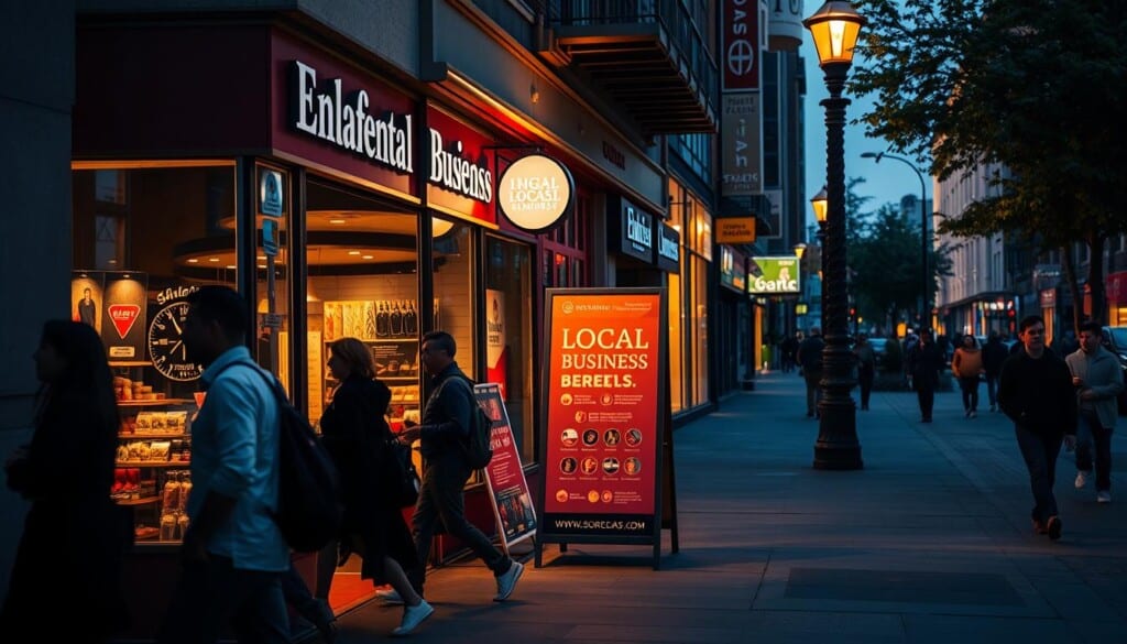 A vibrant local business storefront, its window displays illuminated by warm, inviting lighting. In the foreground, pedestrians stroll past, their shadows cast along the sidewalk. The middle ground features a signage board showcasing the business's offerings, its text clear and legible. In the background, a bustling street scene with other storefronts, lampposts, and a hint of greenery from nearby trees. The overall atmosphere conveys a sense of community, vitality, and the visibility that helps local businesses thrive.