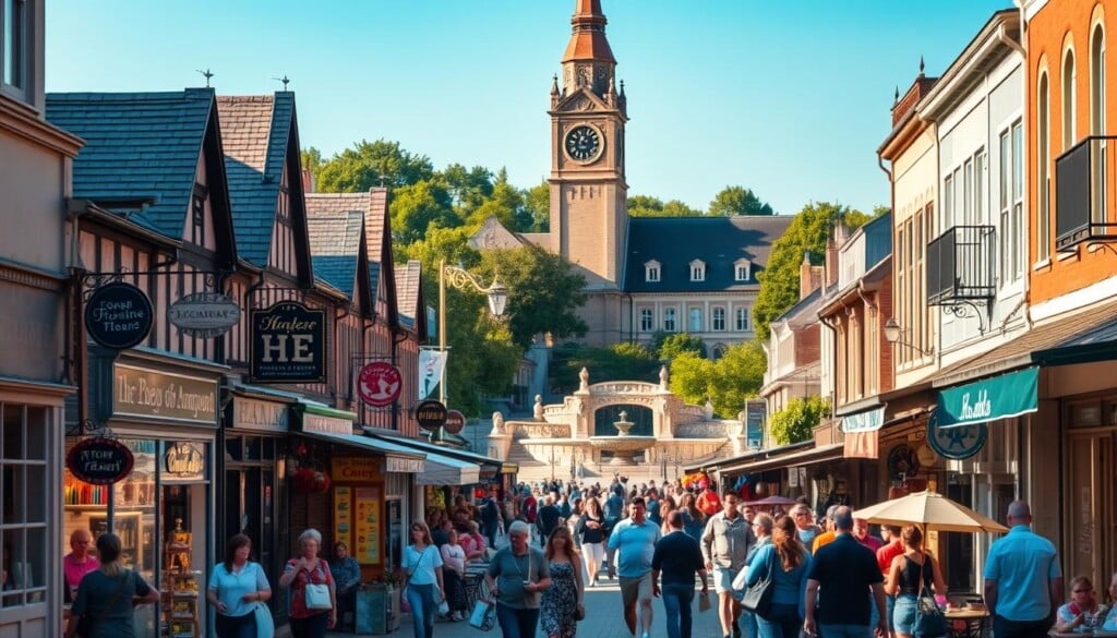 A vibrant local marketplace bustling with activity. In the foreground, an array of independent shops and boutiques, their facades adorned with colorful signage and intricate architectural details. Shoppers move between the storefronts, carrying bags and browsing the goods on display. In the middle ground, the street is lined with quaint cafes and restaurants, their outdoor seating areas filled with people enjoying local cuisine. In the background, a picturesque town square with a central fountain and a historic clock tower, framed by lush greenery and a clear blue sky. The scene is illuminated by warm, natural lighting, capturing the energy and community spirit of this thriving local business district.