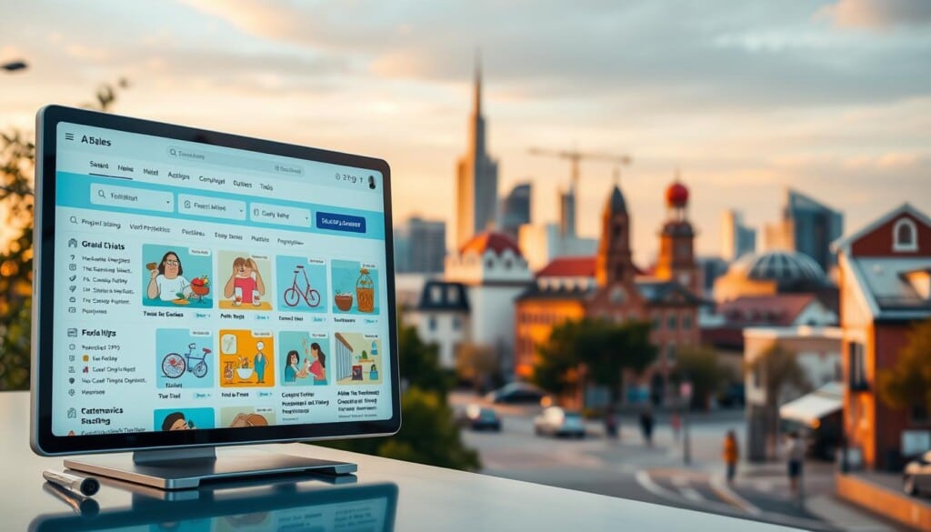 A vibrant local online business directory showcasing the diverse enterprises of a thriving community. In the foreground, a sleek and intuitive user interface with clean typography and icons, highlighting curated business listings. The middle ground features stylized icons and illustrations representing various industries, from food and retail to professional services. In the background, a warm and inviting cityscape with a blend of modern and heritage architecture, conveying a sense of local pride and connectivity. The overall mood is one of digital empowerment, where small businesses can showcase their offerings and connect with their community. Soft, diffused lighting and a warm color palette create a welcoming atmosphere.