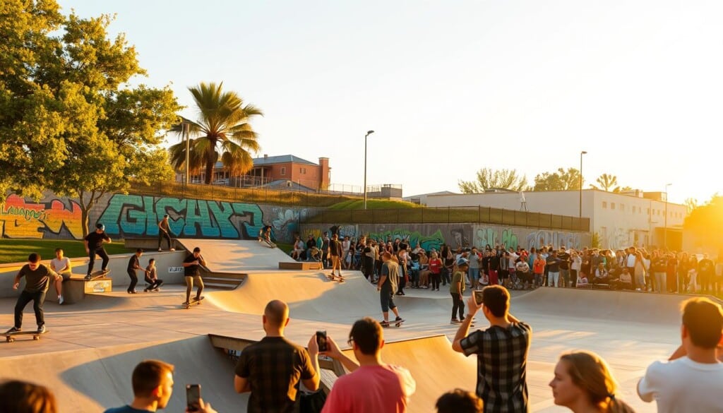 A vibrant local skate park, bustling with activity. In the foreground, a group of skilled skateboarders perform daring tricks on a series of concrete ramps and rails, their movements captured in a dynamic, high-contrast scene. The middle ground features a lively crowd of spectators, cheering on the riders and capturing the excitement on their smartphones. In the background, a mural-adorned wall showcases the artistic flair of the community, while the warm, golden lighting of the setting sun casts a welcoming glow over the entire scene, fostering a sense of camaraderie and civic pride.