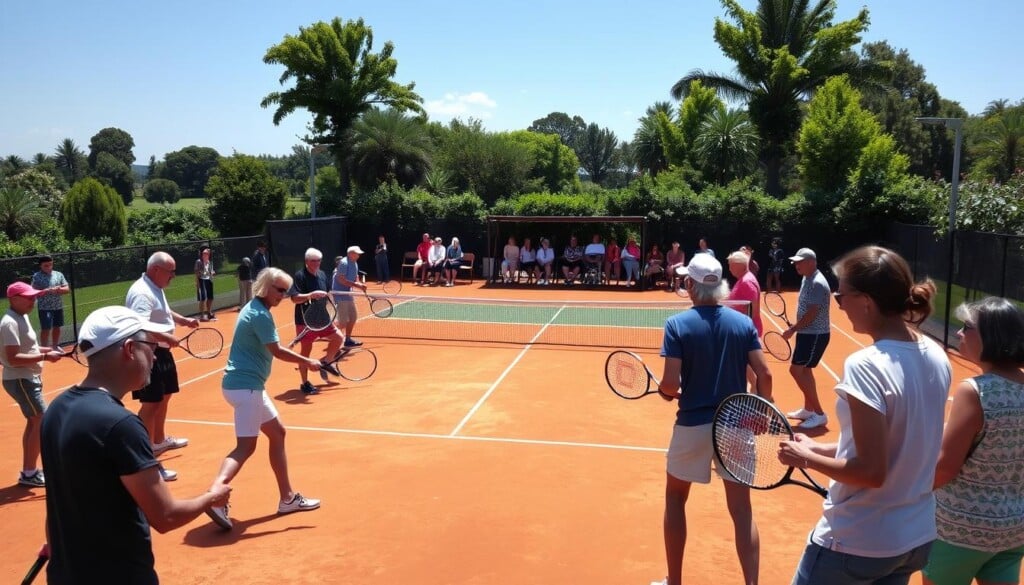 A vibrant local tennis community gathered on a well-maintained clay court, under a warm afternoon sun. In the foreground, a diverse group of players, ranging from seasoned veterans to enthusiastic beginners, engage in friendly matches, their racket strings striking the ball with a satisfying thwack. The middle ground features a shaded seating area, where spectators cheer on the players and share stories of their own tennis journeys. In the background, a lush green landscape frames the scene, creating a serene and inviting atmosphere for this close-knit group of tennis enthusiasts.