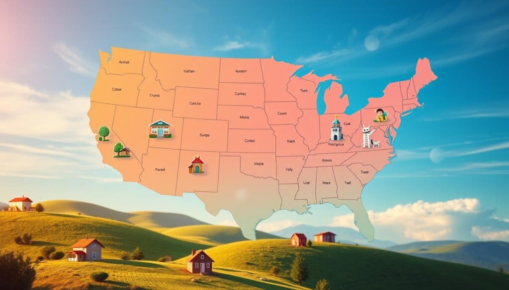 A vibrant map of the United States, with individual state icons representing the top preschools in each region. The map is rendered in a warm, inviting color palette, with a soft, hazy glow illuminating the composition. In the foreground, clusters of small, stylized preschool buildings dot the landscape, each with unique architectural details and playful designs. The middle ground features rolling hills and lush greenery, creating a serene, natural backdrop. The background is dominated by a clear, azure sky, with wispy clouds adding depth and dimension to the scene. The overall atmosphere is one of educational excellence, early childhood development, and a sense of discovery and exploration.