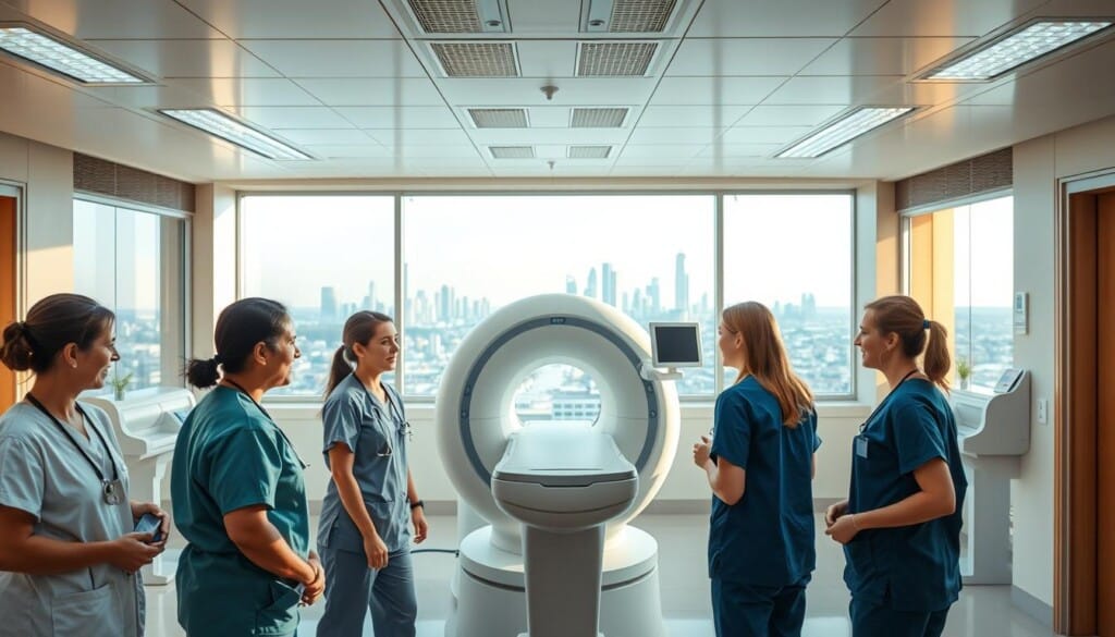 A vibrant medical facility, with a warm, welcoming atmosphere. In the foreground, a group of healthcare professionals, dressed in scrubs, engaged in a collaborative discussion, their faces lit by soft, natural lighting. In the middle ground, a state-of-the-art diagnostic machine, its sleek, modern design complementing the clean, modern aesthetic of the space. In the background, a panoramic view of the city skyline, offering a sense of connection to the local community. The overall scene conveys a sense of technological innovation, compassionate care, and the unwavering support of LocalZ for the healthcare providers within this facility.