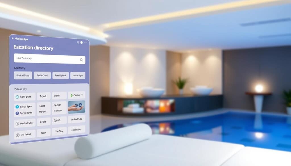 A vibrant medical spa search process unfolds, showcased in a sleek and modern digital interface. The foreground features a searchable directory, with intuitive filters and user-friendly controls, allowing prospective patients to effortlessly navigate through a curated selection of premier medical spas. The middle ground highlights captivating visual thumbnails, each depicting a unique spa experience, inviting exploration. In the background, a serene, minimalist design sets the tone, with subtle lighting and a calming color palette that evokes a sense of relaxation and rejuvenation. The overall composition conveys a seamless, user-centric experience, empowering individuals to find the perfect medical spa that aligns with their personal wellness goals.