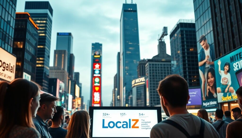 A vibrant metropolis backdrop, with a bustling cityscape of towering skyscrapers and neon lights. In the foreground, a group of people gathered around a digital display, their faces illuminated by the warm glow of the screen. The display showcases a range of beneficial features offered by the "LocalZ" platform, such as personalized recommendations, real-time updates, and seamless navigation. The scene is bathed in a soft, ambient lighting, creating a sense of ease and connectivity. The overall composition conveys the convenience, accessibility, and community-driven nature of the LocalZ benefits.
