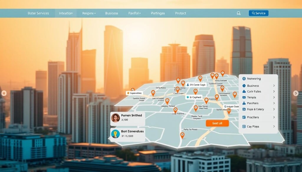 A vibrant, modern business directory interface set against a warm, golden-hued cityscape. In the foreground, a clean, responsive design with intuitive icons and menu options, inviting users to explore local services and offerings. The middle ground features a dynamic map highlighting various business locations, with clean typography and subtle animation. In the background, a skyline of contemporary high-rise buildings, bathed in a soft, diffused light that creates a sense of depth and atmosphere. The overall tone is professional, yet approachable, reflecting the idea of a comprehensive, user-friendly local business directory.