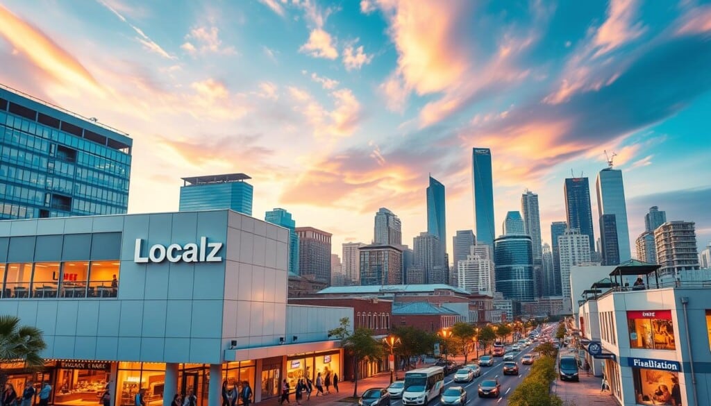 A vibrant, modern city skyline with a bustling downtown area, featuring a variety of local businesses and services. In the foreground, a sleek, minimalist building with the "LocalZ" logo prominently displayed, surrounded by thriving small shops, cafes, and boutiques. The middle ground showcases a lively street scene, with pedestrians and vehicles moving through the scene, creating a sense of activity and community. The background is dominated by towering skyscrapers and a colorful, dynamic sky, illuminated by warm, golden lighting that casts a welcoming glow over the entire scene. The overall atmosphere is one of a thriving, supportive local economy, where small businesses and the community work together seamlessly.