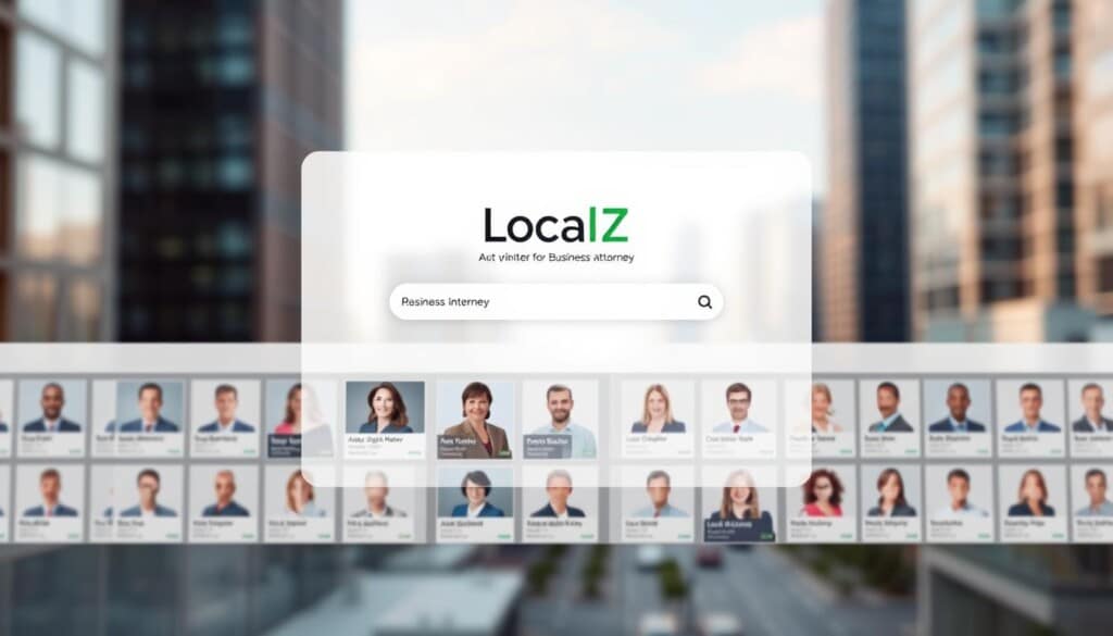 A vibrant, modern directory interface with a clean, minimalist design. In the foreground, a central panel showcases a search bar and prominently displays the "LocalZ" logo, exuding professionalism and approachability. The middle ground features a grid of neatly organized business attorney profiles, each with a headshot, name, and brief description. In the background, a soft, blurred cityscape sets the scene, hinting at the urban, business-centric environment. The overall mood is one of efficiency, connectedness, and the promise of reliable legal expertise, captured in a crisp, well-lit 3D rendered scene with a subtle depth of field.