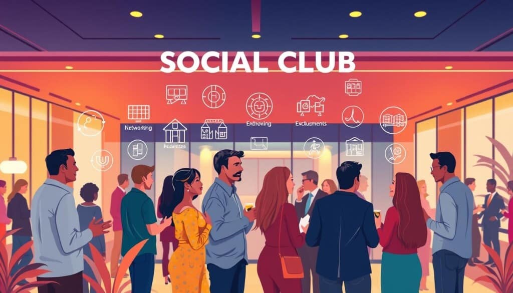 A vibrant, modern illustration showcasing the alluring benefits of social club membership. In the foreground, a group of diverse individuals engaged in lively conversation, exuding a sense of camaraderie and shared experiences. The middle ground features a range of icons symbolizing the amenities and activities available, such as networking opportunities, exclusive events, and recreational facilities. The background depicts a sleek, contemporary clubhouse, bathed in warm, inviting lighting that creates a welcoming atmosphere. The overall composition conveys the value of belonging to a thriving social community, where personal growth, professional connections, and leisure pursuits harmoniously converge.