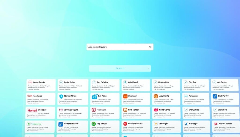 A vibrant, modern online business directory with a sleek interface. In the foreground, a clean grid layout showcases an array of local service providers, their logos, and brief descriptions. The middle ground features a simple search bar and filtering options, allowing users to easily navigate the directory. In the background, a soft gradient backdrop in shades of blue and green creates a calming, professional atmosphere. The lighting is soft and diffused, lending a polished, high-quality feel to the overall composition. The camera angle is slightly elevated, providing an inviting, accessible view of the directory's user-friendly design.