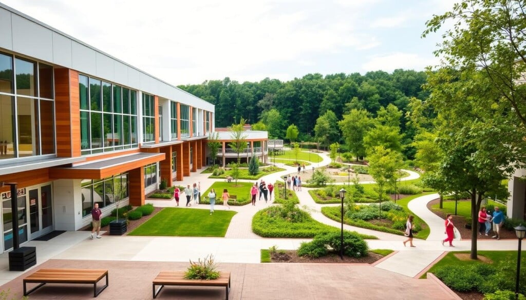 A vibrant, modern rehabilitation center set against a backdrop of lush greenery. The facade features clean lines, warm wood accents, and large windows that flood the interior with natural light. In the foreground, a welcoming entry plaza with benches and planters invites visitors to pause and connect. The middle ground showcases a central courtyard, where patients and community members mingle, engaging in group activities or quiet reflection. The background reveals verdant landscaping and walking paths that wind through the serene, park-like grounds, promoting a sense of tranquility and healing. Soft, diffused lighting casts a gentle glow, creating an atmosphere of warmth, inclusivity, and rehabilitation.