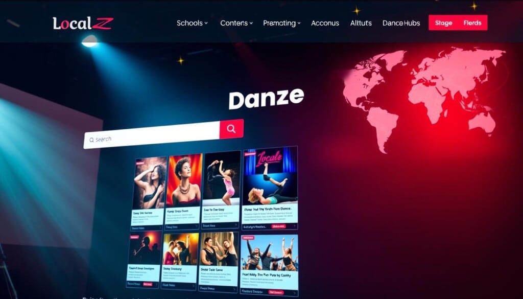 A vibrant, modern website interface showcasing the LocalZ online directory for dance schools. In the foreground, a sleek search bar and intuitive navigation menu, bathed in warm, inviting lighting. The middle ground features a grid of elegantly designed school profiles, each with vivid images, detailed information, and user reviews. In the background, a stylized world map highlights the nationwide reach of the directory, with pops of color denoting dance hubs across the United States. The overall atmosphere exudes a sense of discovery, empowering users to effortlessly find the perfect dance school for their needs.