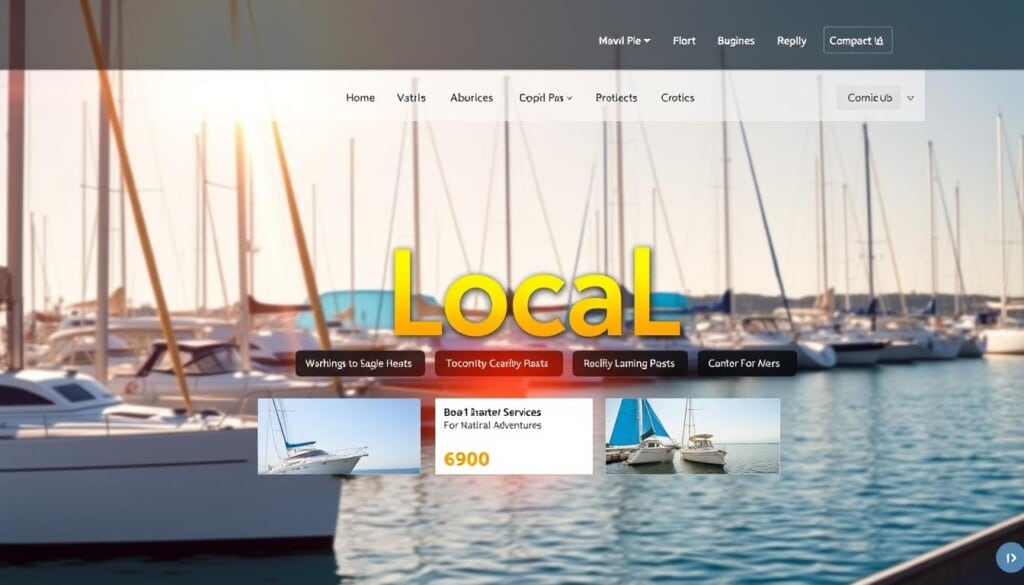 A vibrant, modernist online business directory with a sleek, minimalist interface. Set against a backdrop of a sun-drenched marina, sailboats gently swaying in the breeze. In the foreground, the LocalZ logo shines with a warm, golden glow, its clean lines and bold typography commanding attention. The middle ground features thumbnails of various boat charter services, each with crisp, high-resolution imagery inviting exploration. The overall atmosphere is one of sophistication, efficiency, and the promise of unforgettable nautical adventures.