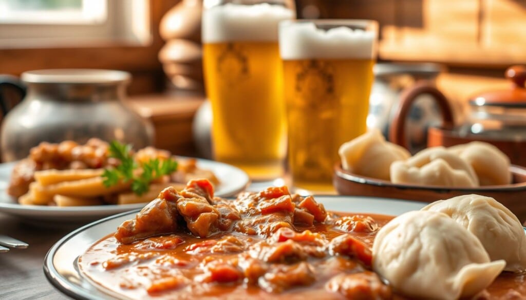 A vibrant, mouth-watering spread of authentic Czech flavors. In the foreground, a plate showcasing the rich, tangy essence of goulash, its silky sauce complemented by the tender, succulent meat. Beside it, a side of dumplings, pillowy soft and glistening, ready to soak up every last drop. In the middle ground, a glass of crisp, golden Pilsner beer, its frothy head a testament to the country's brewing prowess. The background features the warm, earthy tones of traditional Czech ceramics, casting a cozy, inviting glow. Overhead, natural lighting filters in, casting a soft, golden hue that heightens the appetizing allure of this culinary display. The overall scene exudes a sense of rustic elegance, capturing the unique and irresistible essence of Czech cuisine.
