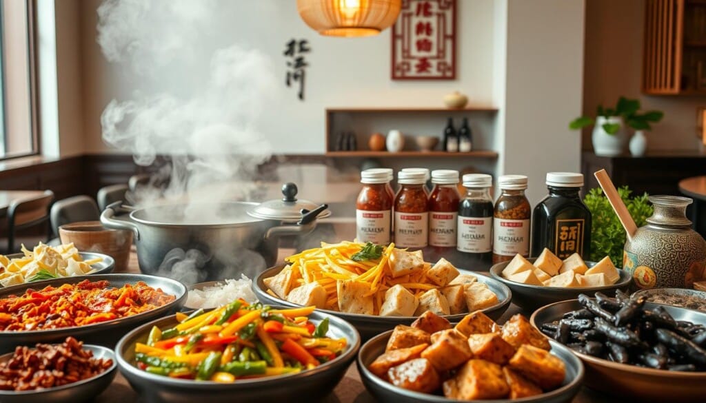 A vibrant, mouthwatering spread of Szechuan cuisine showcasing its diverse dietary options. In the foreground, an arrangement of colorful, aromatic dishes - steaming hot pot bubbling with spices, fragrant vegetable stir-fry, and tender, marinated tofu. In the middle ground, a selection of specialty ingredients like Sichuan peppercorns, chili oil, and fermented black beans. The background features a minimalist, modern Chinese interior with clean lines, warm lighting, and traditional decorative elements. The overall scene exudes an inviting, contemporary vibe that highlights Szechuan food's ability to cater to a range of dietary preferences and restrictions.