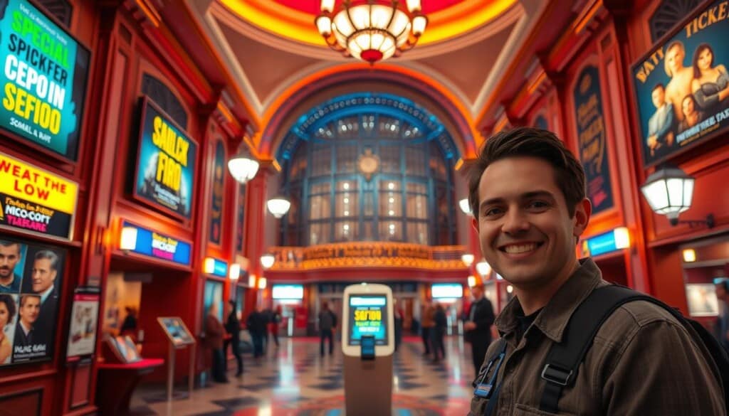 A vibrant movie theater lobby, bathed in warm, inviting lighting. Posters and displays showcase special ticket offers and discounted pricing, enticing patrons to enjoy the latest cinematic releases. In the foreground, a friendly theater attendant smiles, ready to assist customers with their purchases. The middle ground features a sleek, modern ticketing kiosk, where moviegoers can easily access the promotional deals. The background showcases the theater's grand, ornate architecture, creating a sense of anticipation and wonder. The overall scene exudes a welcoming atmosphere, encouraging moviegoers to indulge in the joys of the cinema at an affordable price.