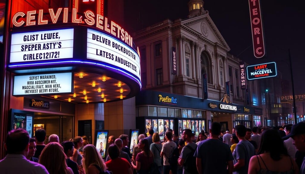 A vibrant movie theater marquee with the latest blockbuster titles illuminated in neon lights, casting a warm glow across the bustling sidewalk. In the foreground, a crowd of moviegoers excitedly chattering, their faces aglow with anticipation. The middle ground showcases an array of movie posters, each one a tantalizing promise of cinematic adventure. In the background, the iconic facade of the theater stands tall, its grand architecture a testament to the magic of the silver screen. The scene is bathed in a soft, atmospheric lighting, creating a sense of excitement and wonder, inviting the viewer to immerse themselves in the latest movie releases.