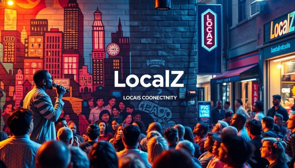 A vibrant mural cascades across a brick wall, depicting a bustling city scene. In the foreground, two comedians take the stage, captivating an audience of diverse community members. The middle ground showcases the "LocalZ" logo, a beacon of support for local businesses and creative talent. In the background, neon-lit storefronts and a lively street scene create a sense of energy and urban dynamism. Warm lighting casts a welcoming glow, while the composition is balanced and visually engaging, capturing the essence of "LocalZ: Connect with Community Businesses."