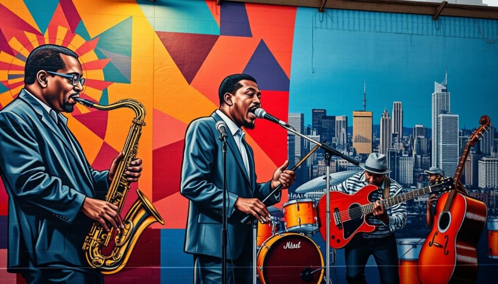 A vibrant mural showcases local jazz and blues musicians, their instruments, and the soulful energy of the genre. In the foreground, a saxophonist and a guitarist perform against a backdrop of colorful, geometric patterns, evoking the rhythmic complexity of the music. The middle ground features a jazz drummer and a vocalist, their expressions conveying the deep emotion and improvisation that define the genre. In the background, the cityscape of a bustling urban center provides a sense of place, highlighting the importance of supporting the local arts scene. Warm, saturated lighting casts a glow over the scene, creating a mood of celebration and appreciation for the musical tradition.