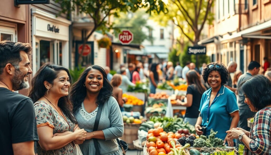 A vibrant neighborhood street scene, with local shops and businesses bustling with activity. The foreground features a group of diverse community members engaged in friendly conversation, their expressions warm and welcoming. In the middle ground, a local farmers market is in full swing, with rows of colorful produce, artisanal goods, and lively interactions between vendors and patrons. The background showcases the charming architectural details of the surrounding buildings, creating a cozy, pedestrian-friendly atmosphere. Soft, diffused natural lighting casts a golden glow, enhancing the sense of community and togetherness. The overall mood is one of support, connection, and pride in the local area.