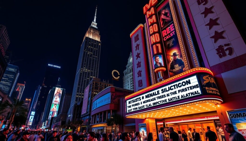 A vibrant, neon-lit movie theater marquee stands in the foreground, showcasing colorful listings and promotional posters for the latest blockbuster films. In the middle ground, a bustling crowd of moviegoers enters the theater's grand entrance, their faces illuminated by the warm, inviting glow of the lobby. The background features a cityscape of towering skyscrapers and twinkling lights, creating a dynamic and immersive urban atmosphere. The scene is captured with a wide-angle lens, highlighting the grand scale and energy of the local cinema experience.